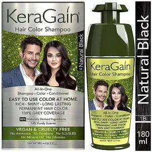 KeraGain Hair Color Shampoo (Natural Black, 180ml) - PPD Free, Ammonia Free Hair Colour for Women & Men - Long Lasting Permanent Hair Color | Vegan & Cruelty-Free | Keratin Included