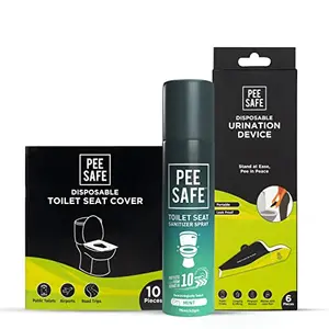 PEESAFE Toilet Hygiene Combo For Women | Toilet Seat Sanitizer Mint (75 ml) With Disposable Female Urination Device (6 Funnels) & Disposable Toilet Seat Cover (10 N) | Travel Friendly Pack