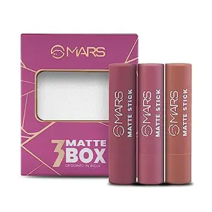 MARS Matte Box Set of 3 Lipsticks for Women | Long-Lasting | Smooth Finish | Moisturising | One Swipe Pigmentation | (3x3.2 gm) (02-Peaches & Nudes)