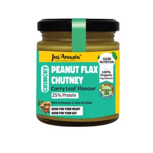Jus Amazin Crunchy Organic Peanut Flax Chutney - Curry Leaf Flavor (200g) | 25% Protein | Clean Nutrition | Rich in Omega-3, Iron & Folate | Zero Chemicals | Vegan & Dairy Free | 100% Organic Ingredients