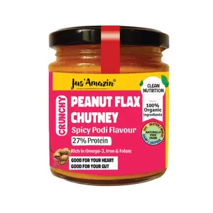 Jus Amazin Crunchy Organic Peanut Flax Chutney – Spicy Podi (200g) | 27% Protein | Clean Nutrition | Rich in Omega-3, Iron & Folate | Zero Chemicals | Vegan & Dairy Free | 100% Organic Ingredients