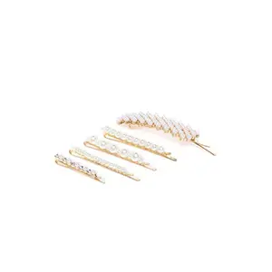 Priyaasi Gold and White Pearl Design Fancy Metal Hair Clip for Women (Pack of 5 Hair s)