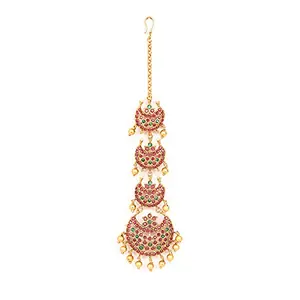 Priyaasi Kemp Stone Studded Maangtikka for Women | Plating of Gold | Crescent-Shaped Design | Maang Tikka for Wedding - Traditional Bridal Jewellery for Women & Girls