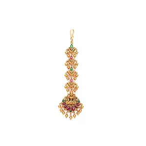 Priyaasi Ruby Emerald Temple Maang Tikka for Women | Gold-Color| Red & Green-Toned Golden Maang Tikka for Wedding - Traditional Goddess Design | Ethnic Indian Head Jewellery