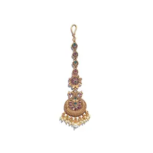 Priyaasi Kemp Stone Pearl Maang Tikka for Women | Gold-Color| Peacock Floral Design | Maang Tikka for Wedding | Traditional Indian Head Jewellery for Women & Girls