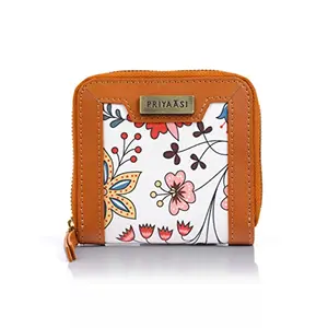 Priyaasi PU Leather Tropical Floral Printed Mini Pocket Wallet for Women's - Stylish Trendy Casual Ladies Money Purse with Card Holder Zipper Closure White