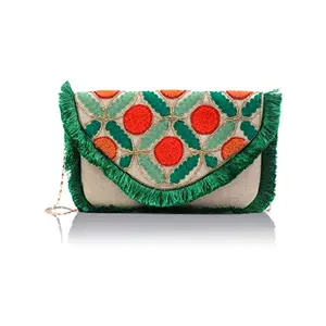 Priyaasi Green Embroidered Handmade Sling Bag for Women - Stylish Trendy Antique Casual Crossbody Bag with Detachable Chain Magnetic Closure