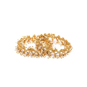 Priyaasi Pearl Beads Studded Kundan Bangles for Women | Gold-Color| Bangles Set for Women -Traditional Drop Design | Bridal Bangles Set for Wedding | Set of 2