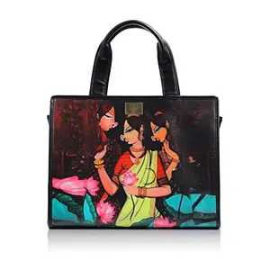 Priyaasi PU Leather Rajasthani Folk Digital Printed Tote Bag for Women's - Stylish Trendy Casual Handbag with Zipper Closure for Office College
