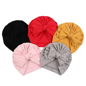 Aashiya Trades Unisex Cotton Turban Kont Bow Cap (Pack Of 5 Pieces) (j01_Red_0 Months-12 Months)