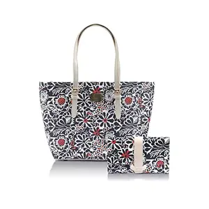 Priyaasi PU Leather Black Floral Motif Flap Wallet and Tote Bag Set for Women's - Stylish Trendy Casual Handbag with Magnetic Closure for Office College