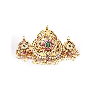 Priyaasi Gold-ColorHair Accessories for Women | Kemp Stone & Studded | Pearl Drops | Peacock Flower Design Hair Accessory for Wedding Festivand Functions
