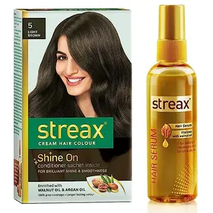 Streax Cream Hair Color for Unisex 120ml - 5 Light Brown And Walnut Serum 100 ml