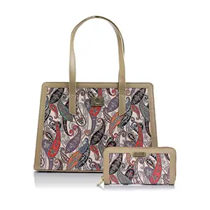 Priyaasi PU Leather Paisley Kalamkari Chain Wallet and Tote Bag Set for Women's - Stylish Trendy Casual Handbag with Magnetic Closure and Chain Wallet with Zipper Closure for Office College
