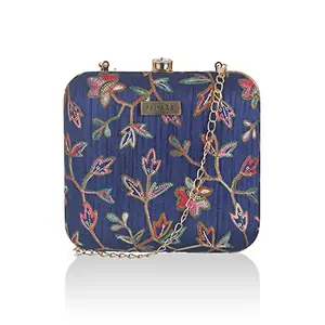 Priyaasi Blue Floral Thread Charm Clutch Bag for Women's - Stylish Trendy Casual Hand Purse with Shoulder Chain Strap for Office College
