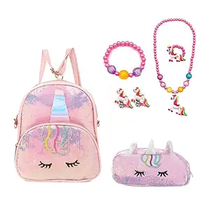 Aashiya Trades Sequin Unicorn Backpack for Girls with Sequin Pouch+Necklace