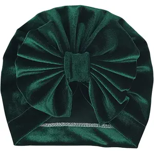 Aashiya Trades Green Velvet Turban Bow Cap for Girls & Boys Turban Bow Cap - New Born Year to 1 Year 