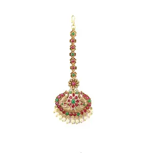 Priyaasi Red & Green Kemp Stone Maang Tikka for Women | Peacock Flower Design with Pearl Drop | Gold-Color| Jewellery for Bridesmaid & Bridal | Maangtikka for Wedding Traditional Events & Festiv| Brass Metal