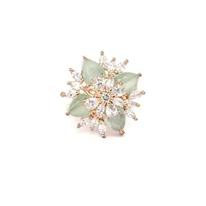 Priyaasi Pretty Mint Green Ring for Women | Stone-Studded | Flower Design | Rose Gold-Color| Brass Metal | Adjustable Ring for Party day Wedding Engagement & Festiv