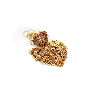 Priyaasi Multicolor Kemp Stone Studded Hair Accessories for Women | Peacock Design | Gold-Color| Jhumka Pearl Drop | Brass Material Juda/Hair Bun Accessories for Women | Fish Hook