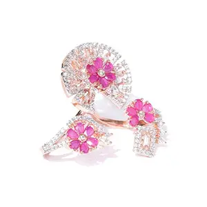 Priyaasi Double Finger Ring for Women | k Stone Studded | Flower Design | Cocktail Ring for Girls | Rose Gold Ring () for Party and Wedding | Adjustable Fit