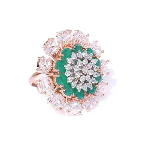 Priyaasi Gold-ColorGreen and White Cubic Zirconia-Studded Floral Ring for Women and Girls