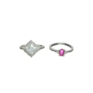 Priyaasi k Studded Solitaire Silver ColorRing Set of 2