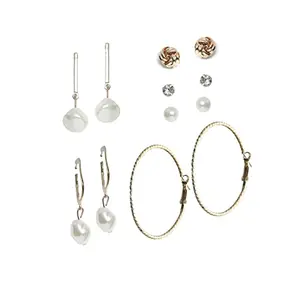 Priyaasi Rose Golden ColorBrass Hoops and Stud Earrings with Pearls for Womens Girls - Trendy Modern Earrings Set of 6