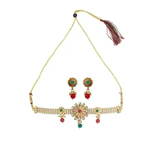 Priyaasi Multicolor Floral Studded Golden ColorChoker Jewellery Set