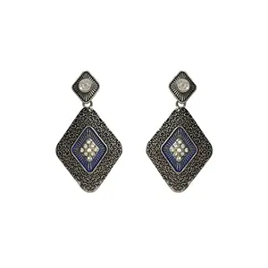 Priyaasi Blue Studded Silver Geometric Drop Earrings