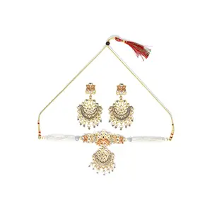 Priyaasi Golden ColorPearl and Kundan Meenakari Choker Necklace and Earring Set for Women - Traditional Fashion Jewellery for Girls (Gold and Grey)