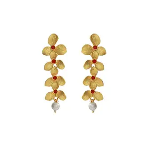 Priyaasi Red Studded Floral Golden ColorDrop Earrings