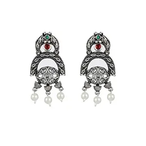 Priyaasi Floral Studded Pearl Silver Drop Earrings