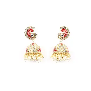 Priyaasi Red Beads Pearls Stones Golden ColorPeacock Jhumka Earring