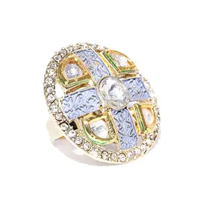 Priyaasi Designer Golden ColorStones Ad and Kundan Studded Stylish Adjustable Skyblue Round Ring For Women And Girls
