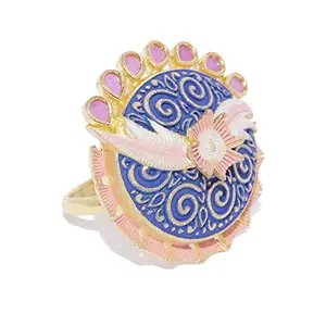 Priyaasi Gold-ColorRuby Studded Floral Patterned Adjustable Meenakari Ring in Blue and k Color