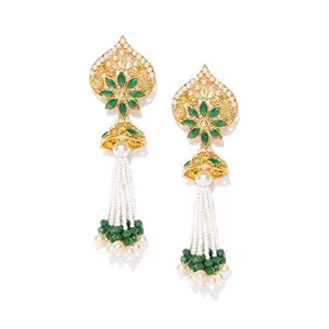 Priyaasi Gold-ColorGreen Emerald Stone-Studded Leaf Shaped Tasselled Earrings For Women And Girls