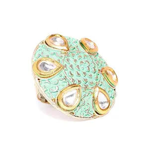 Priyaasi Designer Golden ColorKundan Studded Stylish Trendy Stylish Adjustable Mint Green Round Ring For Women And Girls