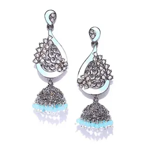 Priyaasi's White&Turquoise Silver ColorKundan Jhumki Earrings