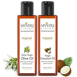 Mystiq Living Combo of Extra Virgin Olive Oil & Virgin Coconut Oil for Hair Skin Massage | Pressed 100% Pure & Natural -200 ML (Pack of 2) - 100 ML each