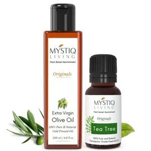 Mystiq Living Combo of Pure Australian Tea Tree Oil (15ML) & Extra Virgin Olive Oil (200ML) for Skin Face Hair Care Combo Essential Oil and Carrier Oil | 100% Pure and Natural