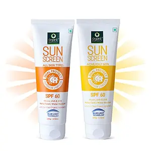 Organic Harvest SPF 60 All Skin & SPF 60 Oily Skin Type Combo with Blue Light Technology Protects From Harmful UVA & UVB Rays PA+++ 100% Organic 100gm (Pack of 2)