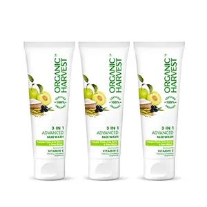 Organic Harvest 3-in-1 Advanced Face Wash: Kakadu Plum Acai Berry & Rice Water | Women & Men | Glowing Skin Face Cleanser | 100% American Certified Organic | Sulphate & 100gm(Pack of 3)