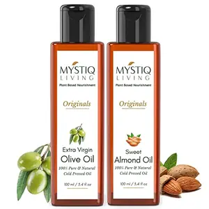Mystiq Living Combo of Extra Virgin Olive Oil & Sweet Almond Oil | For Hair Skin And Massage | Pressed Pure & Natural - 200 ML (Pack of 2) (100 ML Each)