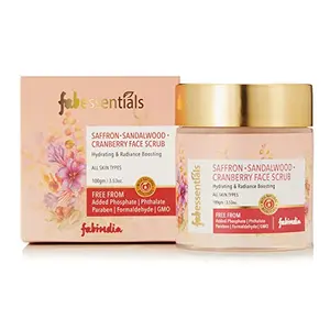 fabessentials Saffron Sandalwood Cranberry Face Scrub | with Cranberry Seeds for Antixoidant Protection packed with skin improving Vitamins A C E K that helps skin elasticity | for Tan Removal Brightening and Glow ing - 100 gm
