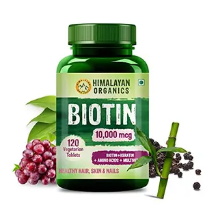 HIMALAYAN Organics Biotin 10000 MCG Supplement For Men And Women With Keratin+Amino Acids+Multivitamin For Healthy Hair Skin & Nails -120 Vegetarian Tabs.