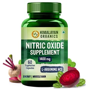 HIMALAYAN Organics Nitric Oxide 1400mg With L-Arginine HCI Caffeine Supplement | Good For Muscle Growth Stamina Recovery & Energy- 60 Veg Caps.