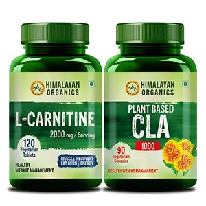 HIMALAYAN Organics L Carnitine 2000 Mg - 120 Veg Tabs. & Plant Based CLA 1000 Safflower Oil - 90 veg Caps. | Supports Muscle Recovery Energy & Fat Burn