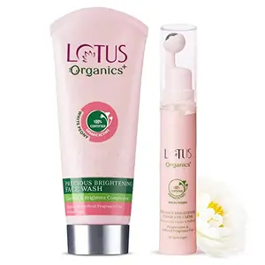Lotus Organics+ Precious Brightening Under Eye Cream 15gm with Face Wash 100gm| With Cooling Massage Roller | s Puffiness & Dark Circles | Preservative Free