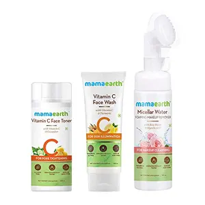 Mamaearth Natural Cleanse & Tone Kit with Free Bag(Vitamin C - Face Wash 100ml + Vitamin C Toner 200ml + Micellar Water Foaming Makeup Remover150ml)